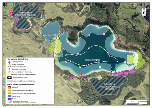 This map shows the current five-knot speed limit 200 metres from the shore of Lake Taharoa at Kai Iwi Lakes.