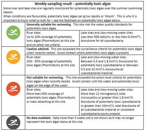 weekly monitoring - toxic algae table